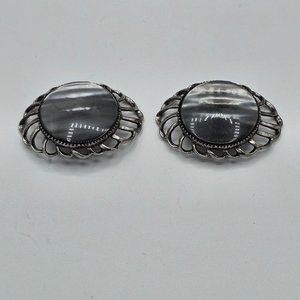 Vintage Musi Silver-tone Filigree Shiny Black Button Shoe Clips Mid Century